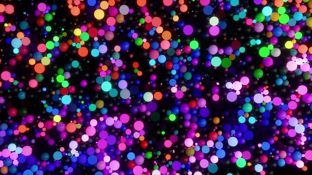 Colorful vibrant bouncing balls. Neon glowing spheres. Abstract geometric 3D background. Purple, red, green, yellow, black