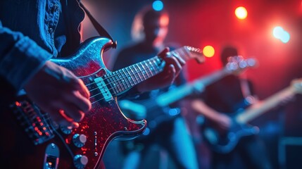 Obraz premium A guitarist plays a red electric guitar on stage with a band in the background.