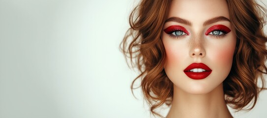 Fototapeta premium Elegant Woman with Bold Red Makeup on Light Background