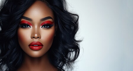 Obraz premium Beauty Portrait: Bold Red Makeup on Light Background