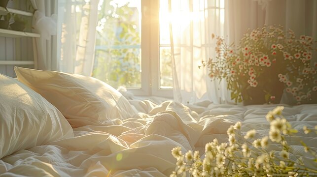 Bed Mattress and Pillows Mess up Bedroom in morning sunlight, White bedding sheets and pillow background.