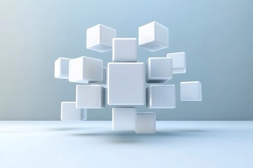 Floating white cubes, minimalist and futuristic abstraction, spatial symmetry, calm blue background, serene ambiance.
