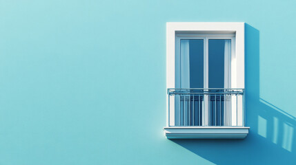 Obraz premium Minimalist balcony on blue wall with closed windows, background