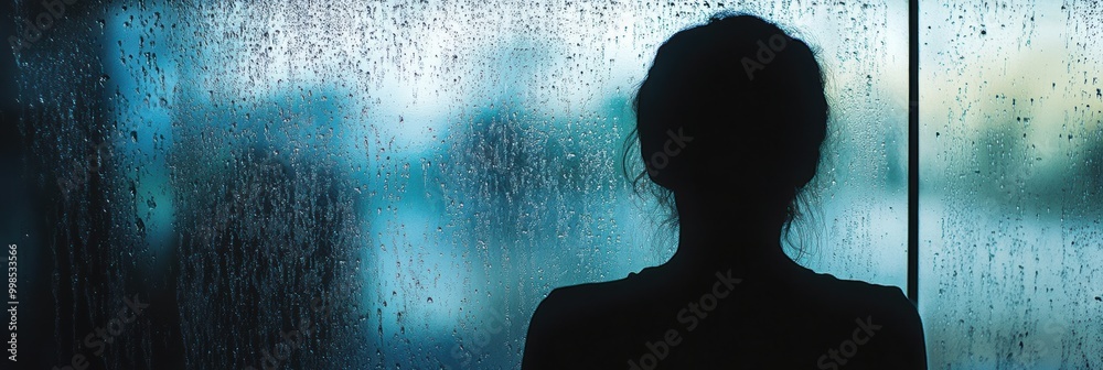 Leinwandbilder a lone figure stands by a rain-soaked window, immersed in introspection while droplets trickle down 