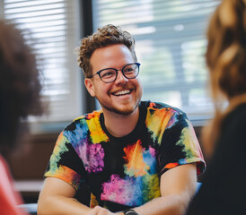 An LGBTQ teacher or therapist smiling warmly while providing advice and support to two women, fostering an inclusive and nurturing environment.