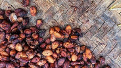 Selective focus of Cacao beans or chocolate fruit are the fruit seeds of the cacao tree (Theobroma cacao). buah kakao