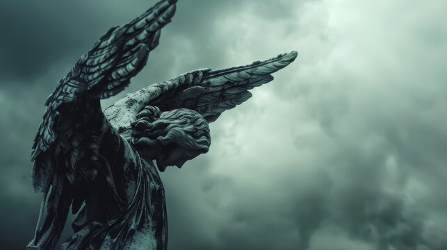 Dramatic icarus statue in mid fall, losing feathers against a stormy sky backdrop