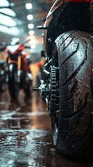 Closeup of a wet motorcycle tire in a garage.