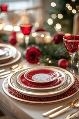 Festive Holiday Dinner Table with Pinecones and Red Glassware