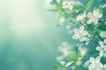 A branch of a blooming apple tree with white flowers on a blurred green background. The light composition conveys a spring mood and a feeling of freshness.