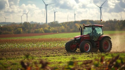 Fototapeta premium A farmer on a green field, driving a tractor near wind turbines. This shows how farms can use clean energy.