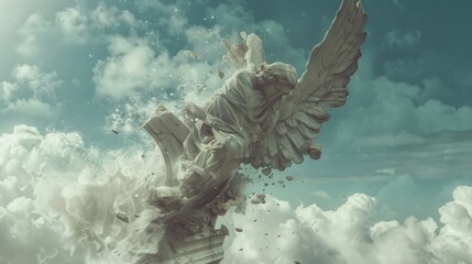 A classical icarus statue in a dramatic fall, surrounded by swirling clouds, symbolizing hubris