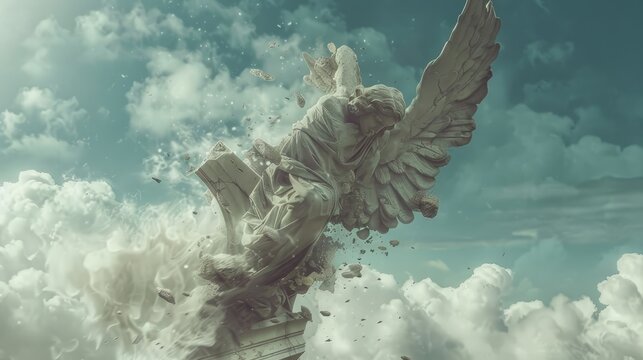 A classical icarus statue in a dramatic fall, surrounded by swirling clouds, symbolizing hubris
