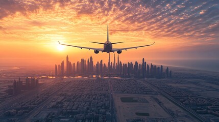 A private jet plane flying above Dubai city in beautiful sunset light. Modern and fastest mode of transportation, business life. panoramic banner background