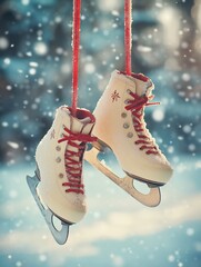 Vintage Ice Skates on Snowy Fence in Winter Landscape
