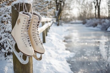 Ice Skates Hanging on Fence by a Frozen Winter Pond