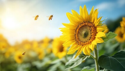 Obraz premium Sunflower Field with Bees in Bright Sunlight