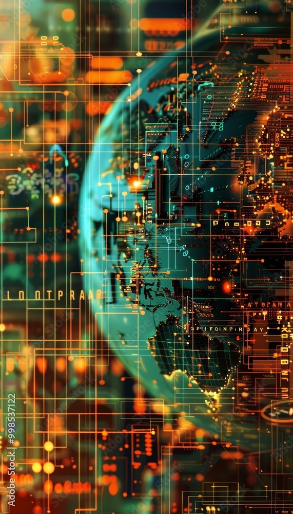 Wall mural futuristic digital world viewed through computer lens with circuits, code, and global landmarks