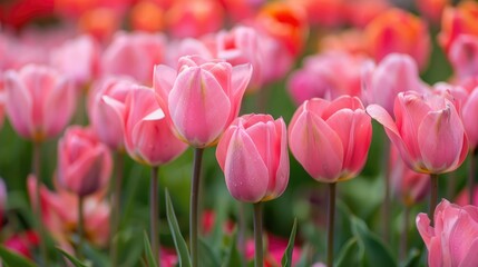 Fototapeta premium Field Of Pink Tulips In Flower Garden