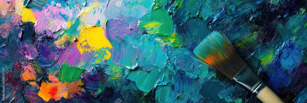 Aufkleber A colorful array of paints and paintbrushes awaits as an artist prepares to create bold abstract brushstrokes on a blank canvas. Generative AI