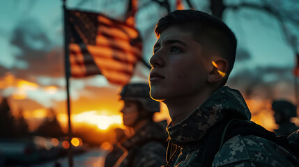 young soldier stands proudly in uniform, gazing into distance as sun sets behind him, casting warm glow. American flag waves in background, symbolizing honor and patriotism
