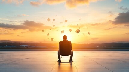 Fototapeta premium Man Sitting at Airport Watching Sunset with Floating Books