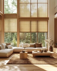 Cozy living room with large windows, natural light, neutral tones, and wooden accents, offering a serene connection to nature and comfort.