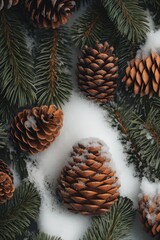 Fototapeta premium Frosty Pinecones with Snowfall on Green Pine Needles