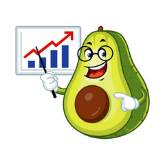Smiling avocado cartoon character pointing at a graph, success concept illustration.