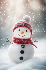 Fototapeta premium Smiling Snowman in Red Winter Hat and Scarf with Snow Falling