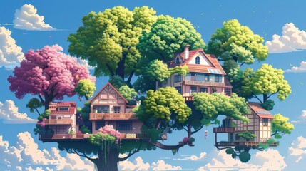Magical tree houses nestled in the branches of a giant tree, surrounded by fluffy clouds.