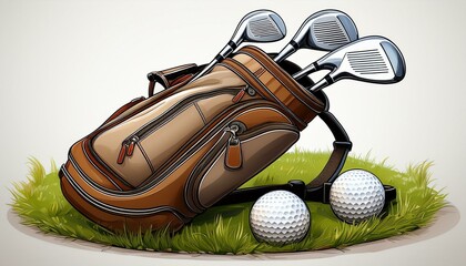 A golf bag filled with clubs rests on green grass next to two white golf balls, symbolizing leisure and sport.