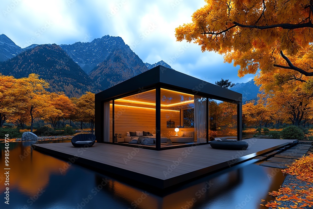 Poster 3d digital autumn cabin, where users can walk through the virtual space, surrounded by autumn trees 