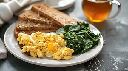 Scrambled Eggs with Toast and Spinach