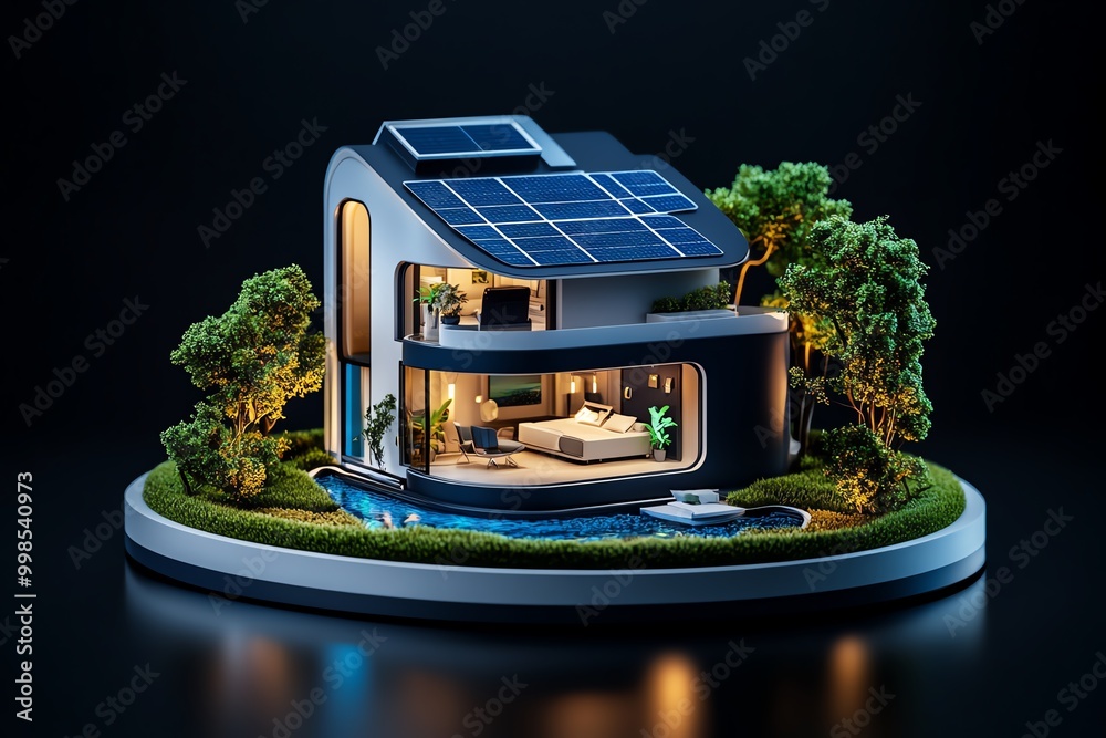 Poster 3D digital model of a smart home, where users can navigate energy-efficient appliances, solar panels, and eco-friendly systems in a fully interactive 3D space