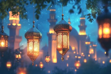 Fototapeta premium Ornate Lanterns Hanging in Front of a Mosque