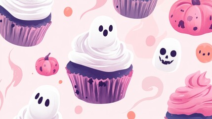 Ghost cupcake illustration flat design top view spooky food theme water color Triadic Color Scheme -