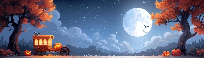 Spooky Halloween night scene with a wagon, pumpkins and a full moon