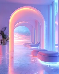 Fototapeta premium A serene interior space with soft pastel lights casting peaceful reflections on marble surfaces, creating a tranquil and modern atmosphere.