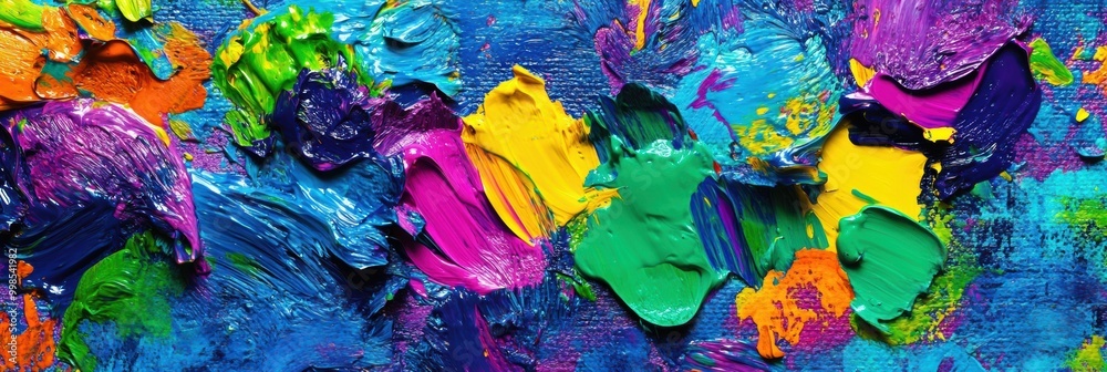 Poster a vibrant mix of paints sits alongside brushes, with playful strokes blending colors on canvas in a 