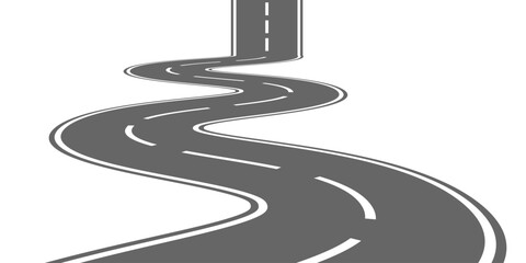 Winding road. Traveling along a curved highway. Background of the road to the horizon in perspective. Curvy asphalt empty line isolated vector concept. © Tetiana Komarytska