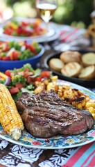 Vibrant Summer Steak Dinner with Grilled Vegetables, Corn, and Salad at Festive Outdoor Gathering