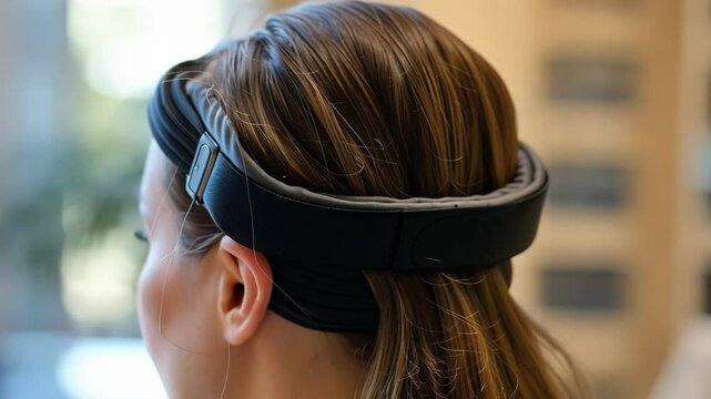 Researcher is wearing a headband with sensors, participating in a neurotechnology experiment involving brainwave scanning and analysis