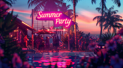 A neon "Summer Party" sign at an outdoor pool party during sunset. People dancing under neon lights, surrounded by palm trees and flowers, summer vibe.