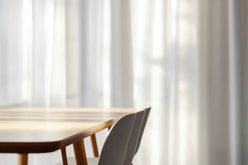 Fototapeta premium Sunlit Dining Room: Tranquil morning light streams through sheer curtains, illuminating a minimalist dining table and chairs, creating a serene and inviting atmosphere. 