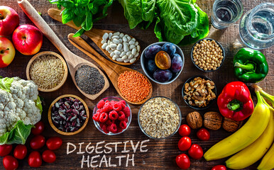 Foods products improving digestive health. Constipation relief food.