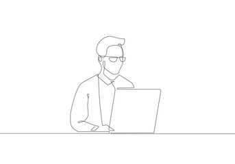 Businessman Continuous One Line Drawing Black Lines Isolated on White Background. Man Working with Laptop Vector Line Art Drawing. Manager Silhouette in Linear Minimalistic Style