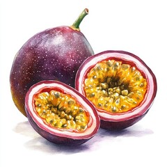 Whole and Halved Passion Fruit with Yellow Seeds