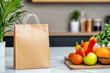 A brown paper bag sits next to a colorful array of fresh vegetables and fruits on a kitchen countertop.