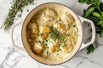 A large pot of creamy chicken, surrounded by white cream sauce and fresh herbs on the side, placed against a marble background.